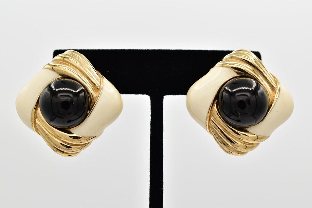 Ciner Vintage Cabochon Clip On Statement Earrings Black Gold Chunky Signed BinBB